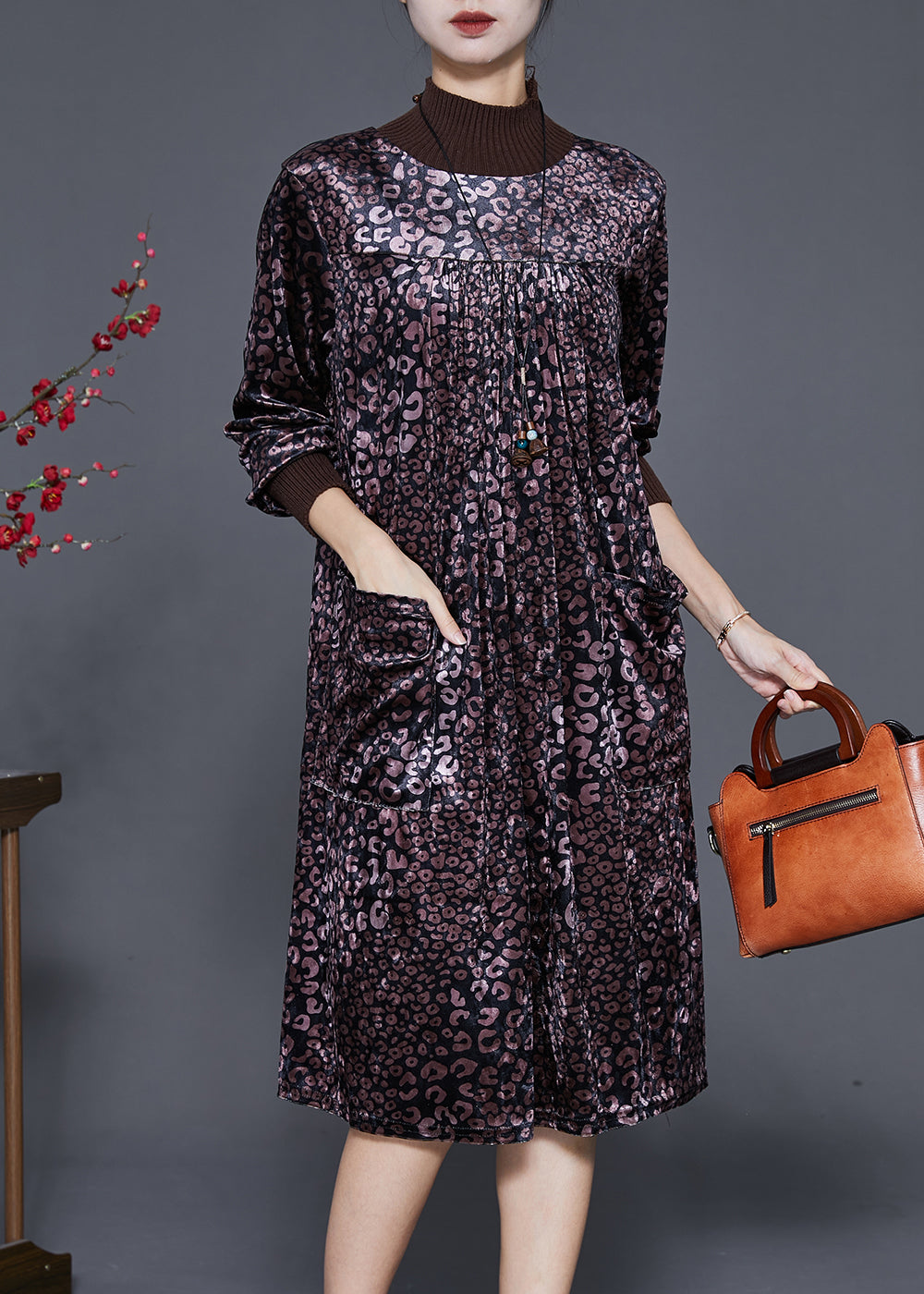 Dull Purple High Neck Print Silk Velour Dress Spring
