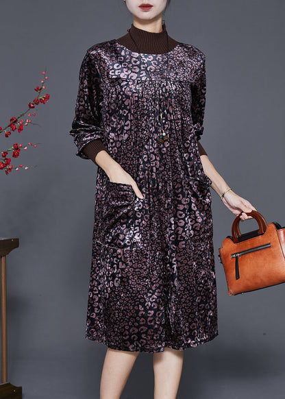 Dull Purple High Neck Print Silk Velour Dress Spring