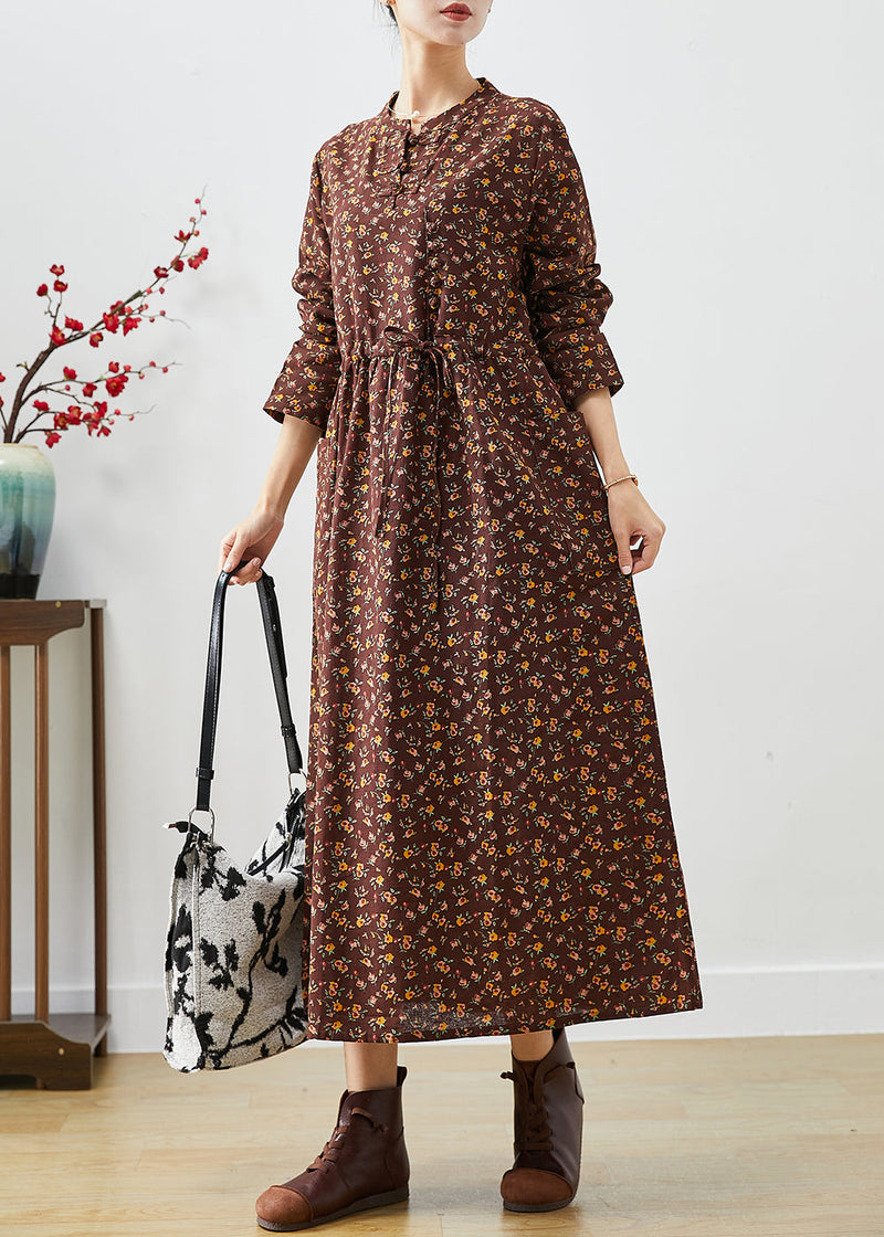 Chocolate Cinched Print Pockets Cotton Dresses Fall