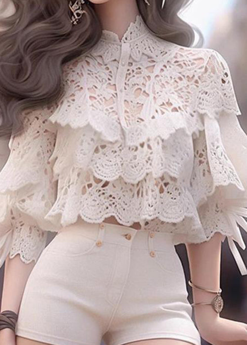 Stylish White Hollow Out Shirts and Shorts Cotton Two Piece Set Half Sleeve