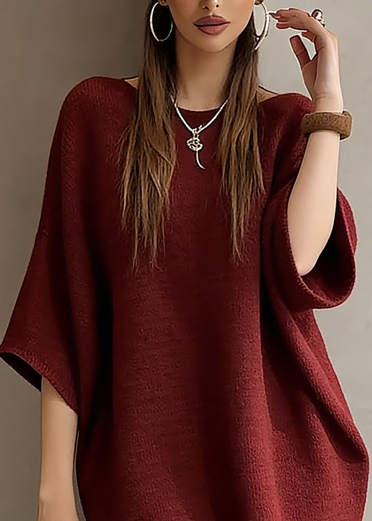 Red Slash Neck Knit Sweater Dress Batwing Sleeve