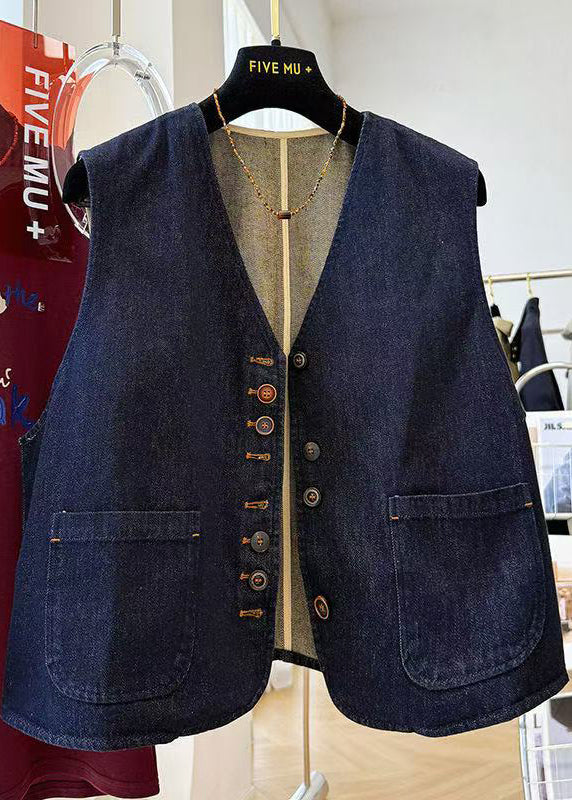 Navy Oversized Pockets Denim Vests Fall