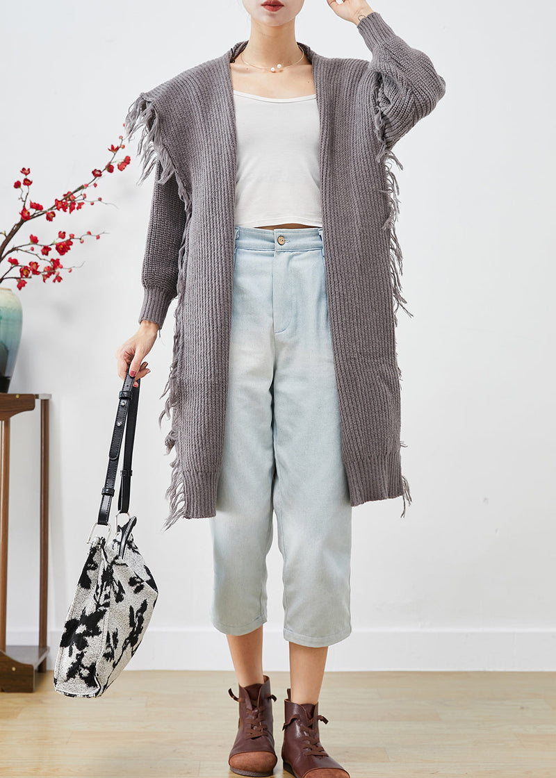Grey Tasseled Sailor Collar Knit Cardigans Summer