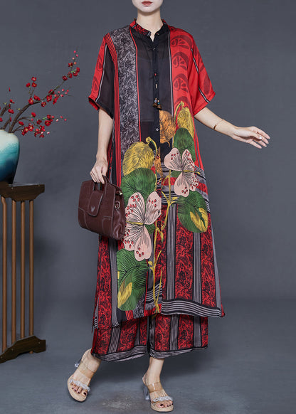 Boutique Red Oversized Print Silk Two-piece Set Summer