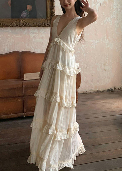 Beige V Neck Ruffled Cotton Long Dresses Summer