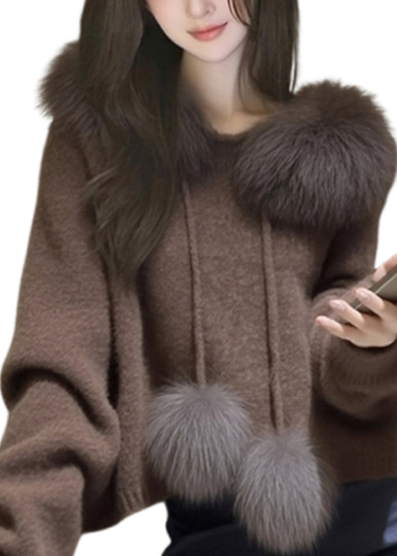 Modern Brown Hooded Patchwork Faux Fur Knit Sweater Tops Spring