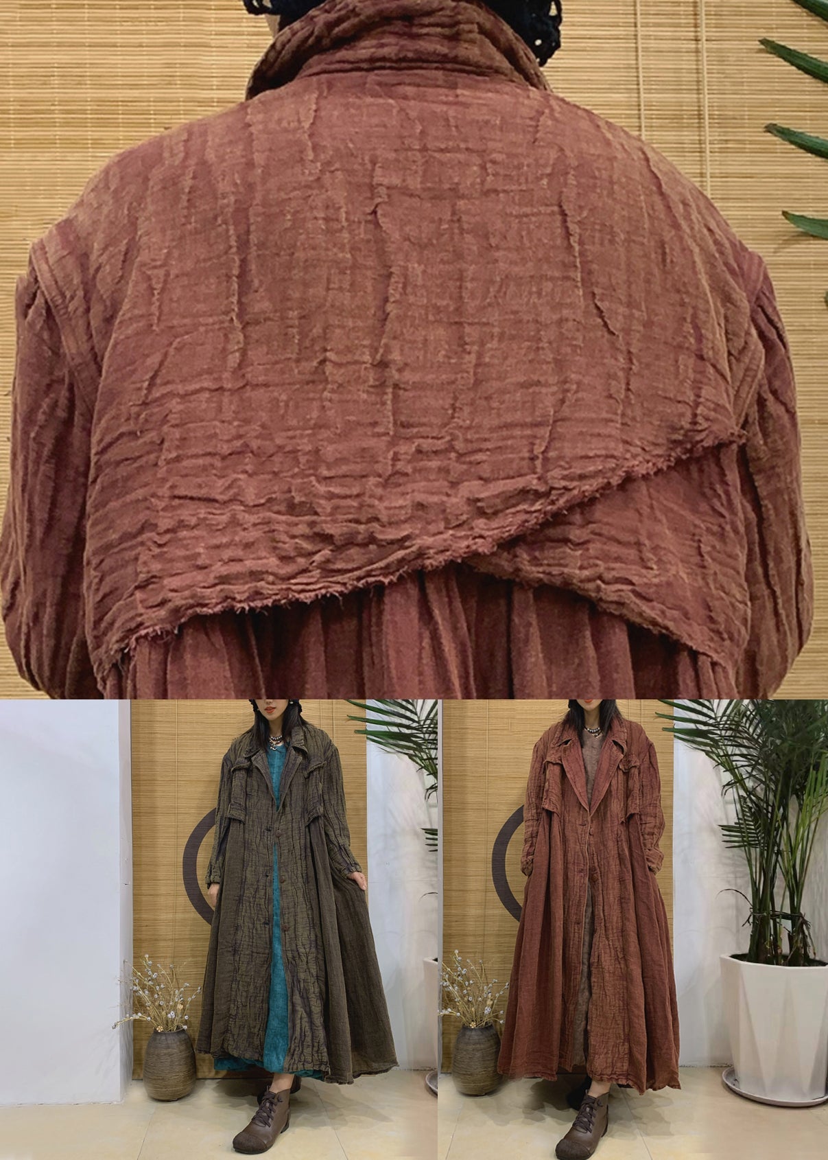 Caramel Notched Button Linen Trench Coat Spring