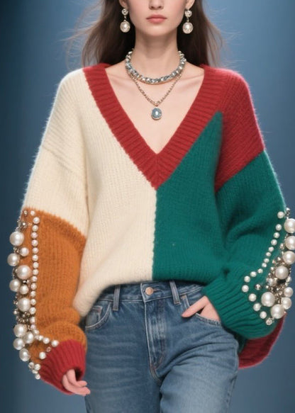 Colorblock V Neck Nail Bead Patchwork Knit Sweater Fall