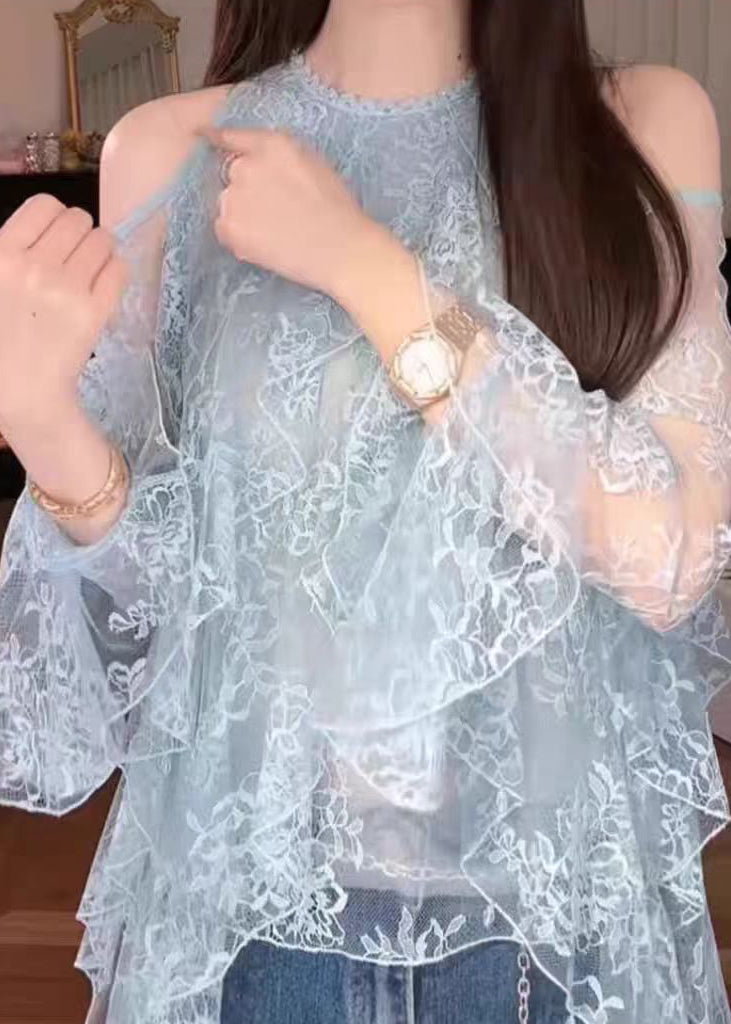 Blue Cold Shoulder Ruffled Lace Shirt Fall