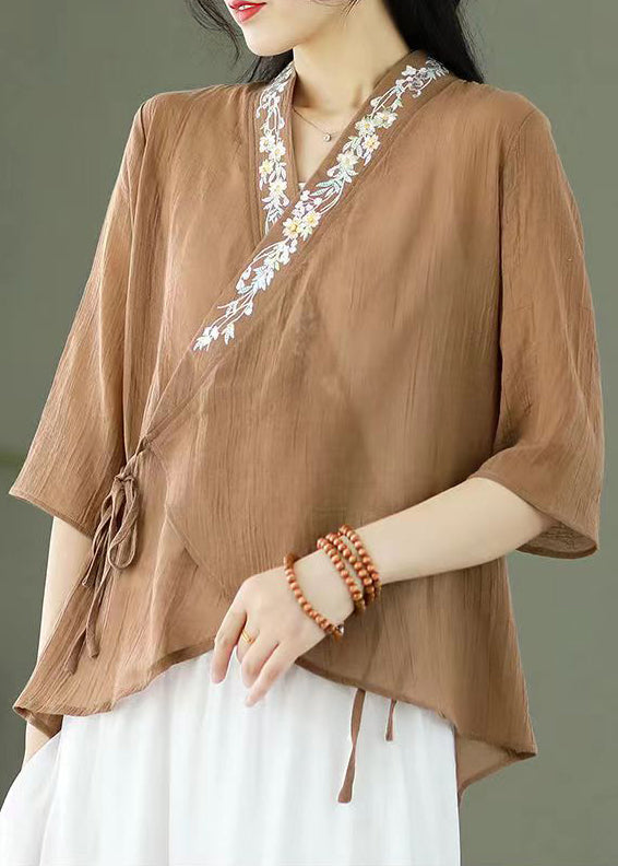 Light Coffee Embroideried Lace Up Patchwork Cotton Top Half Sleeve