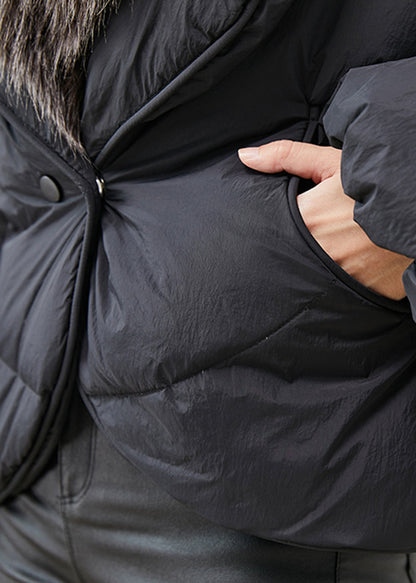Black Rabbit Hair Collar Warm Duck Down Puffer Jacket Winter