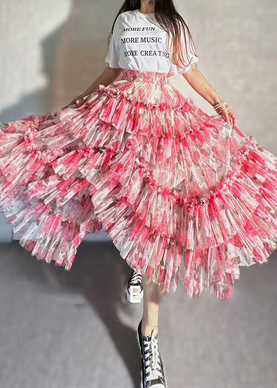 Red Asymmetrical Print Chiffon Skirt Spring
