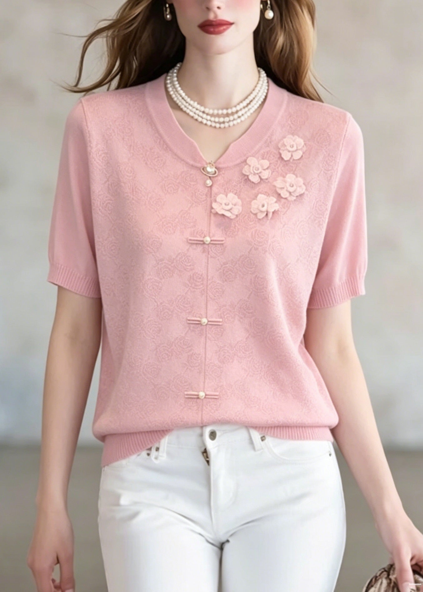 Unique Pink Jacquard Thin Knit Top Summer