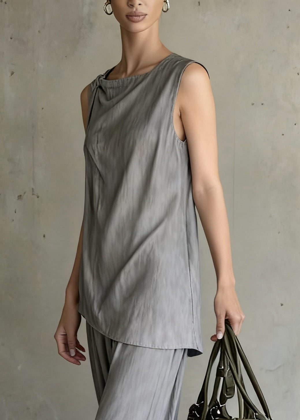 Original Design Grey Tops and Wide Leg Pants Cotton Two Pieces Set Sleeveless