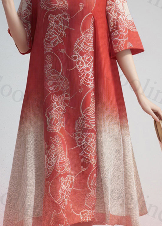 French Gradient Color O Neck Print Silk Dresses Summer