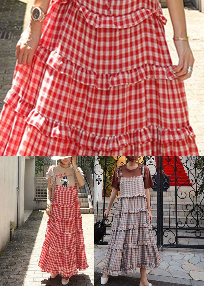 Stylish Red Plaid Slash Neck Button Layered Dresses Sleeveless