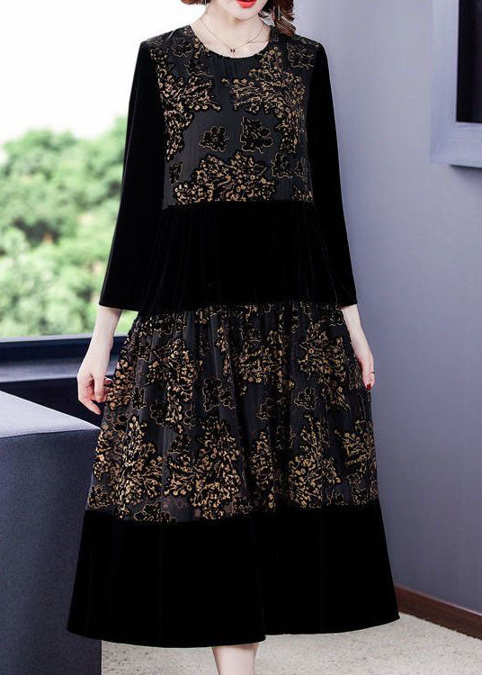 Black Embroideried Tulle Patchwork Silk Velour Dresses Spring