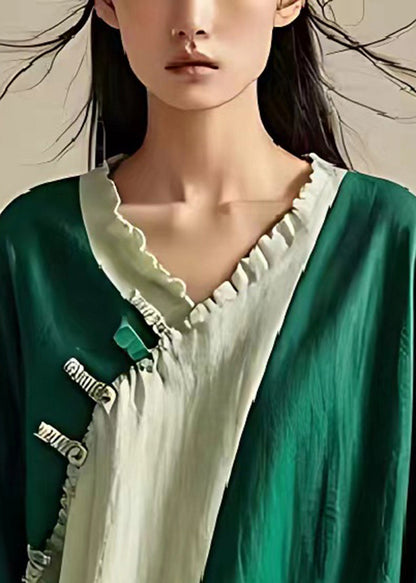 Green Oversized Patchwork Ruffled Linen Shirt Summer