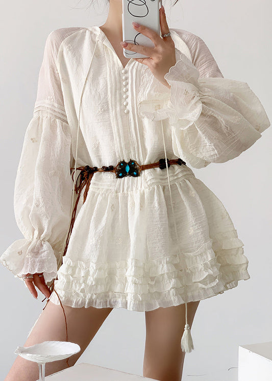 Beige Ruffled Lace Up Cotton Mini Dress Fall