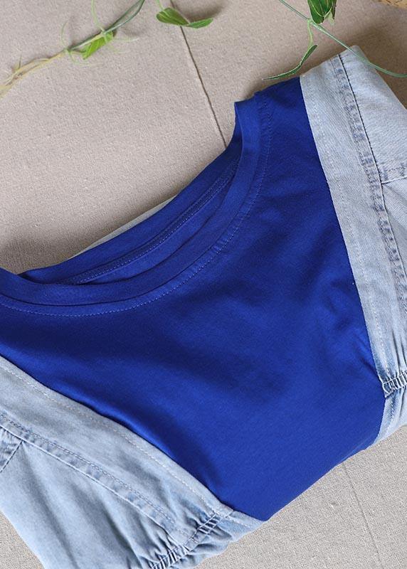 Fine Denim Blue Patchwork Black Cotton Loose Shirts Summer