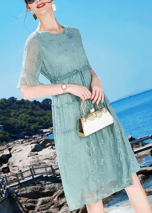 Blue O-neck Embroideried Ruffled Tie Waist Silk Dress Summer