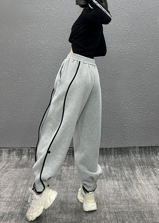 Grey Asymmetrical Pockets Elastic Waist Cotton Sport Pants Fall