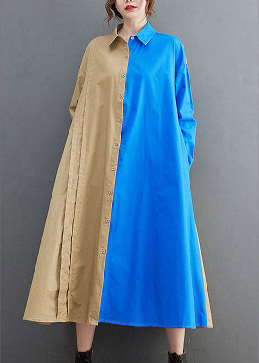 Loose Blue Peter Pan Collar Button Asymmetrical Design Pockets Shirt Dresses Spring