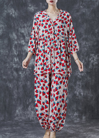 Khaki Oversized Strawberry Print Cotton Two Pieces Set Summer