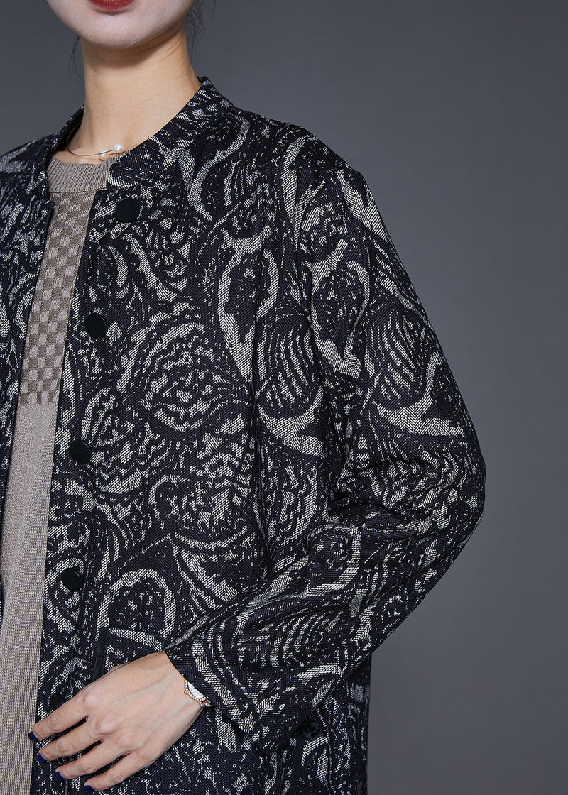Black Oversized Print Cotton Trench Coats Fall