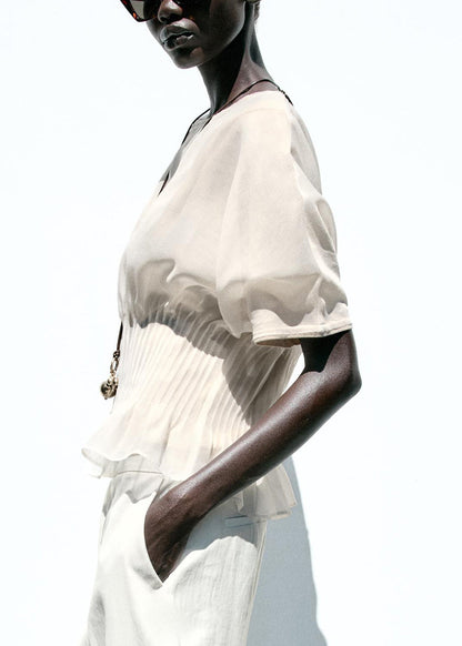 Beige Wrinkled Tulle Patchwork Cotton Knit T Shirts Summer
