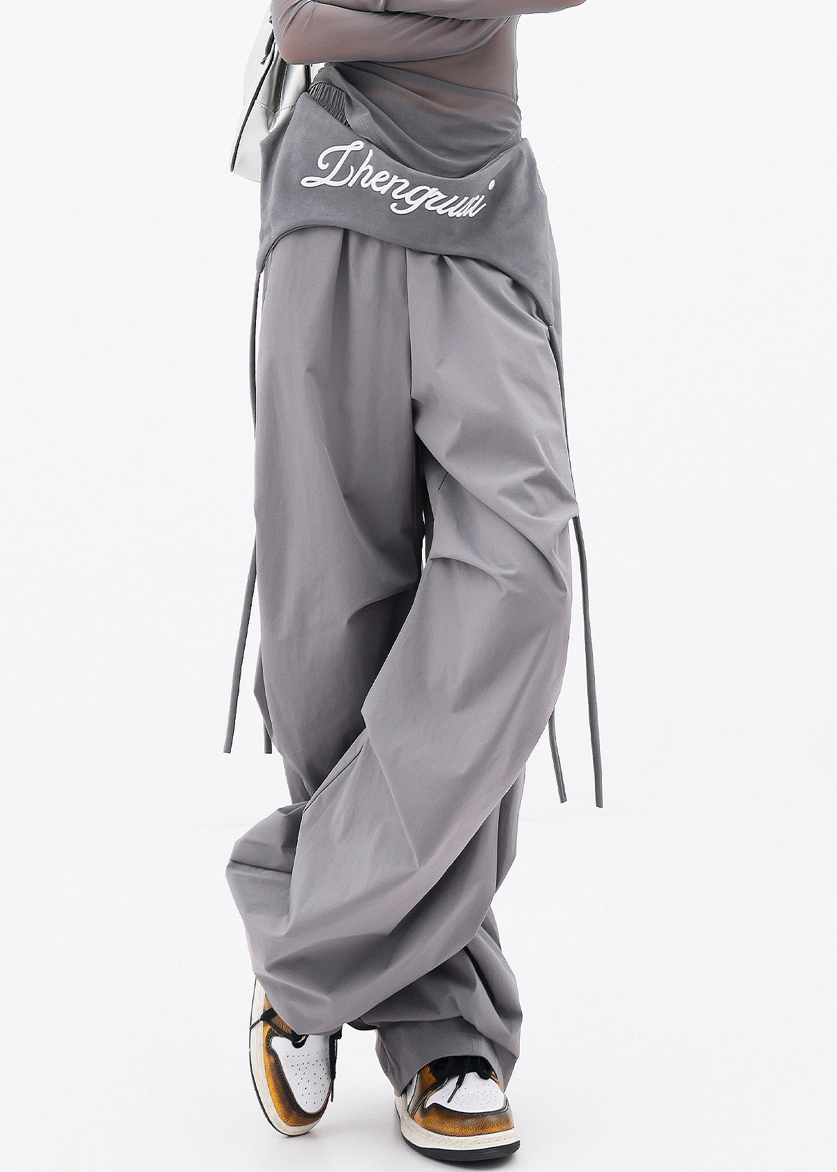Grey Pockets Wrinkled Cotton Wide Leg Pants Fall