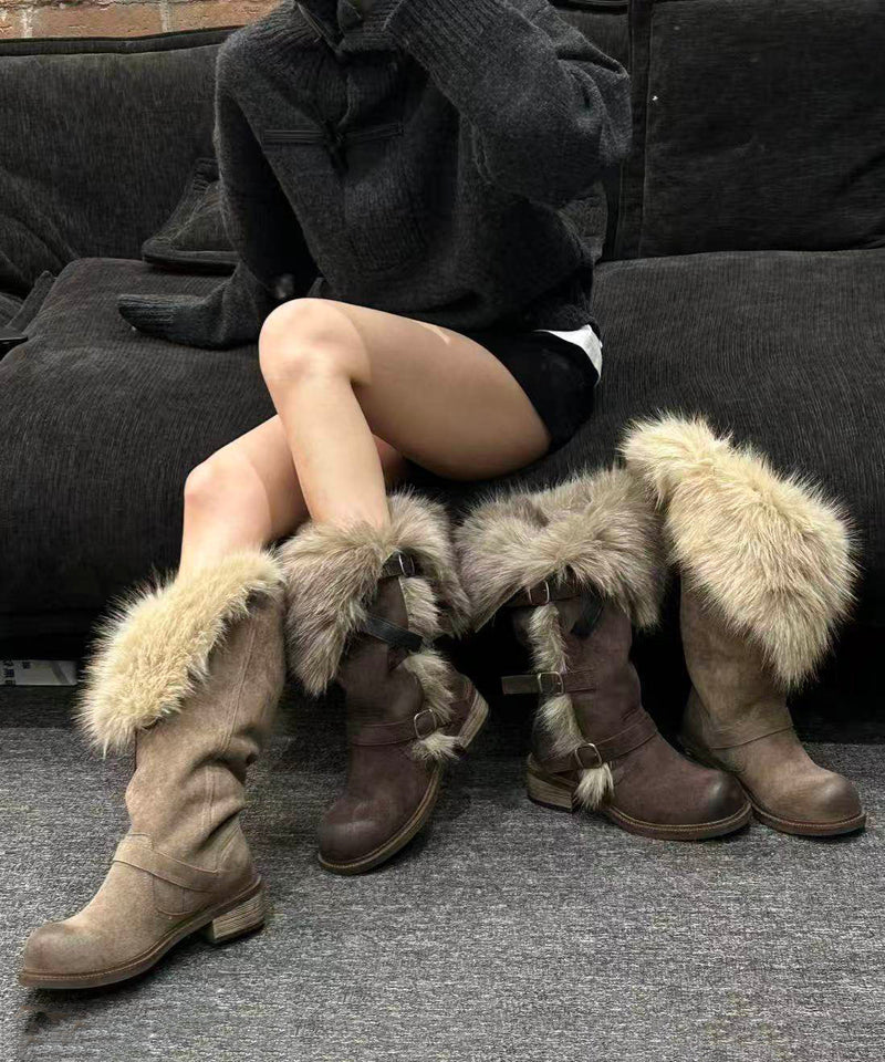 Suede Grey Suede Splicing Boots Fuzzy Wool Lined