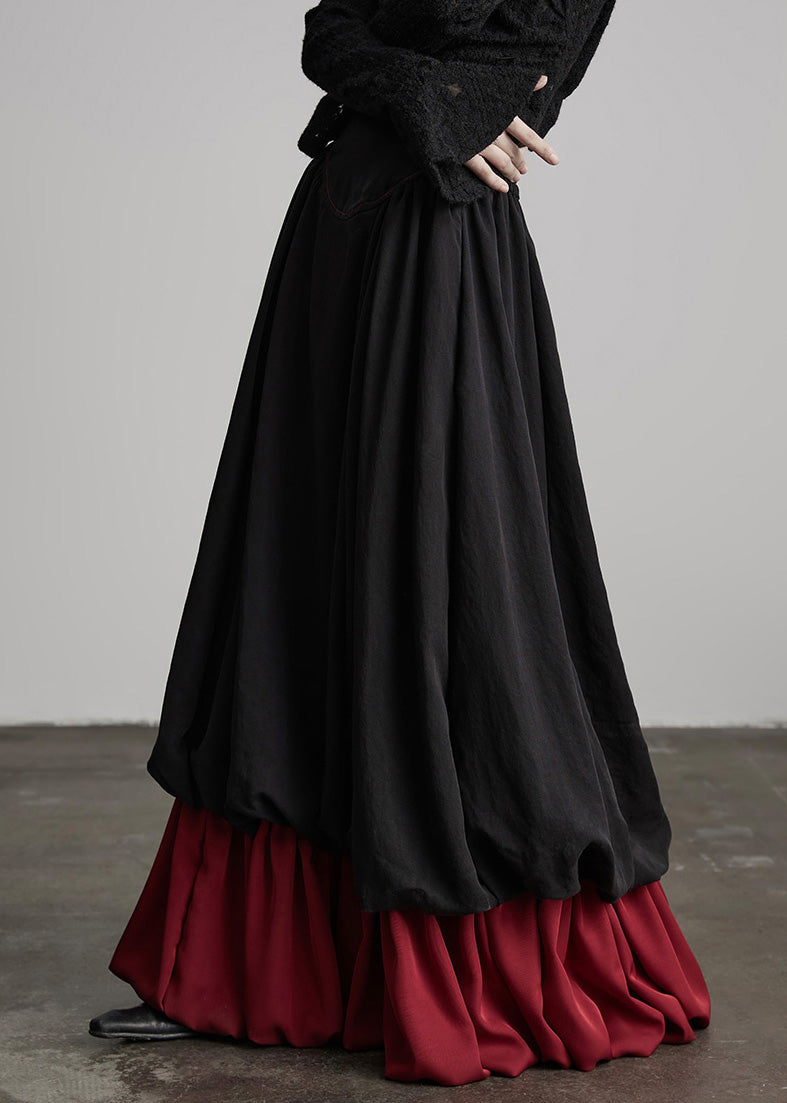 Black Wrinkled Patchwork False Two Pieces Cotton Skirts Fall