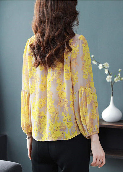 Yellow V Neck Print Chiffon Top Lantern Sleeve