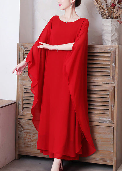 Red O-neck Chiffon Maxi Dress and Wide Leg Pants Two Pieces Set Long Sleeve