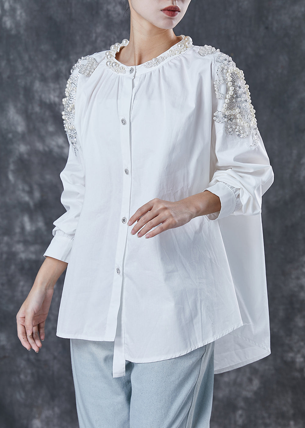 White Oversized Nail Bead Cotton Shirts Spring