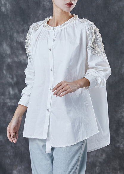 White Oversized Nail Bead Cotton Shirts Spring