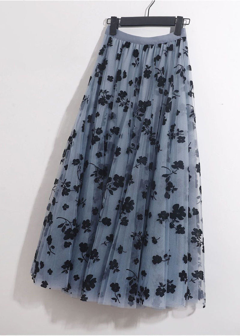 Blue Grey Elastic Waist Print Tulle a Line Skirts Spring