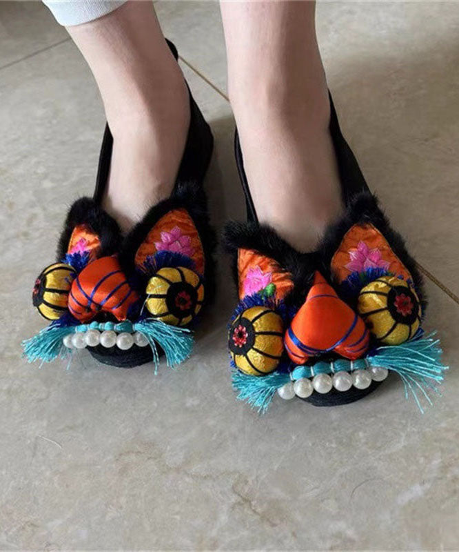 Embroideried Splicing Flat Feet Shoes Black Cotton Fabric