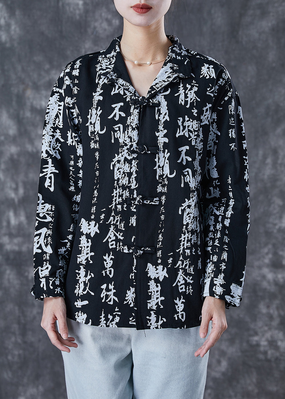 Black Print Chinese Button Cotton Shirt Spring