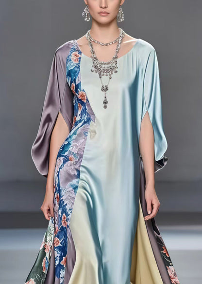 Multicolour Patchwork Exra Large Hem Silk Dress Batwing Sleeve