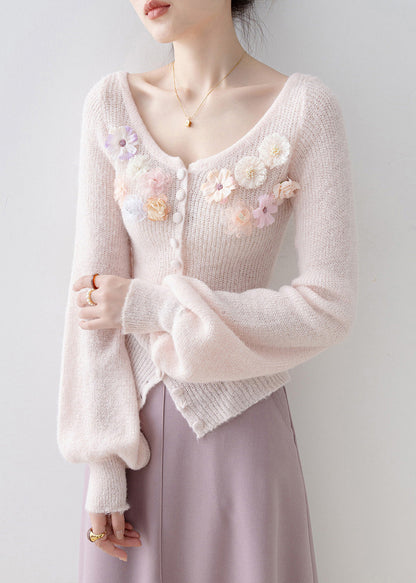 Unique Pink O Neck Knit Sweaters Lantern Sleeve