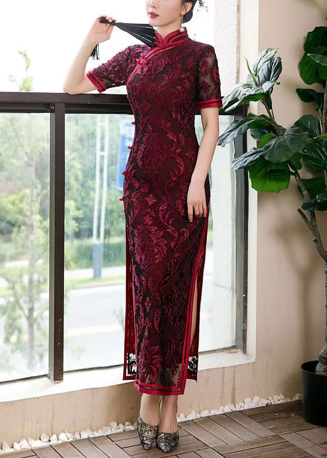 Blackish Green Stand Collar Side Open Silk Dress Short Sleeve