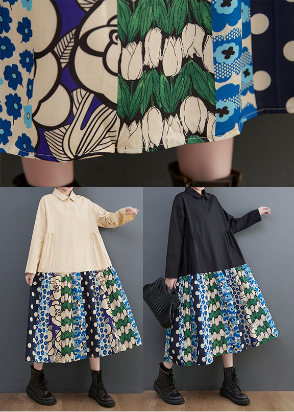 Black Patchwork Cotton a Line Dress Oversized Print Fall