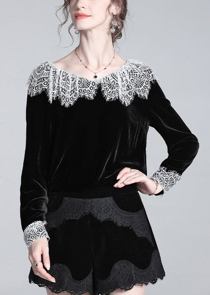 Black Lace Patchwork Silk Velour T Shirt Winter