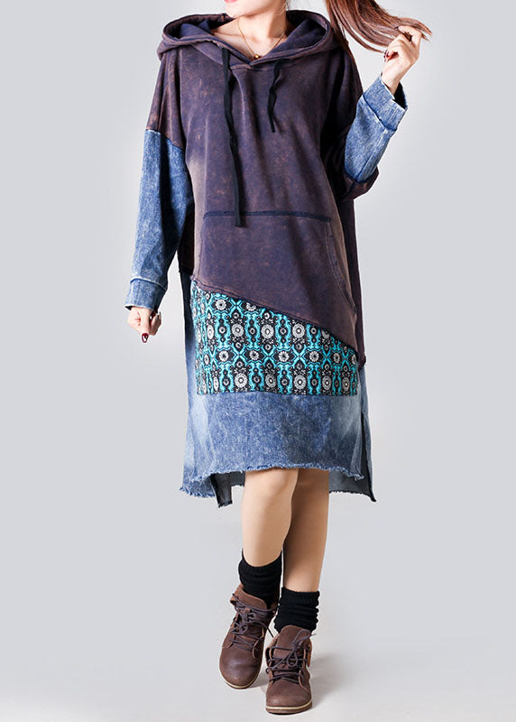 Purple Hooded Denim Patchwork Cotton Dress Spring