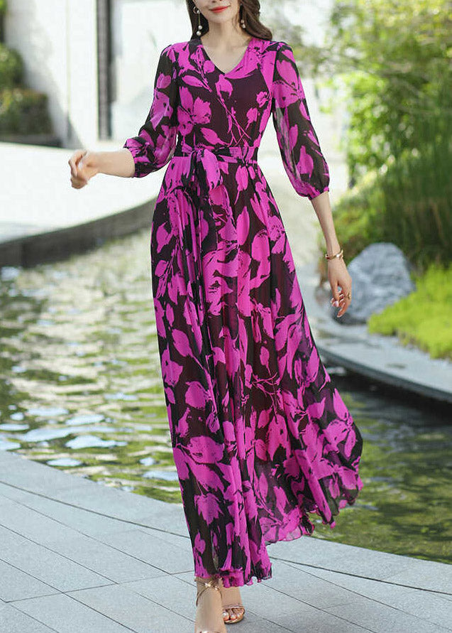 Rose V Neck Print Wrinkled Chiffon Dresses Summer