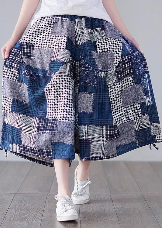 Blue Plaid Cinched Summer Cotton Linen Pants