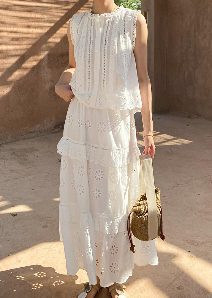 French White Hollow Out Blouses and Skirts Cotton Two Pieces Set Sleeveless