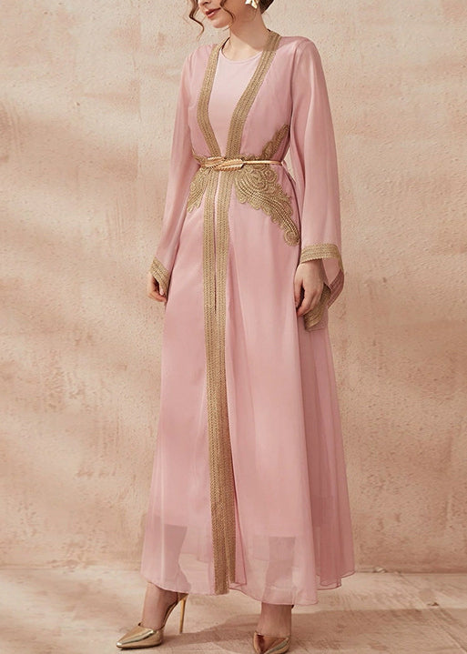 New Pink Tie Waist Chiffon Two Pieces Set Flare Sleeve